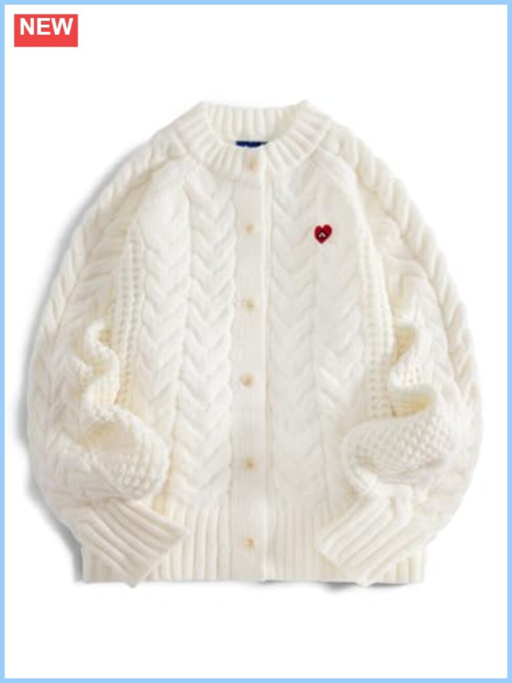 Chunky Cable Knit Open Front Cardigan Oversized Heart Embroidery